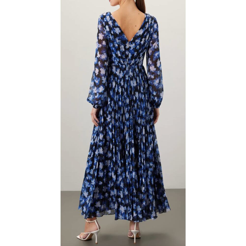 ML Monique Lhuillier Melanie Blue Floral Pleated Maxi Dress Size 4 - Picture 2 of 12